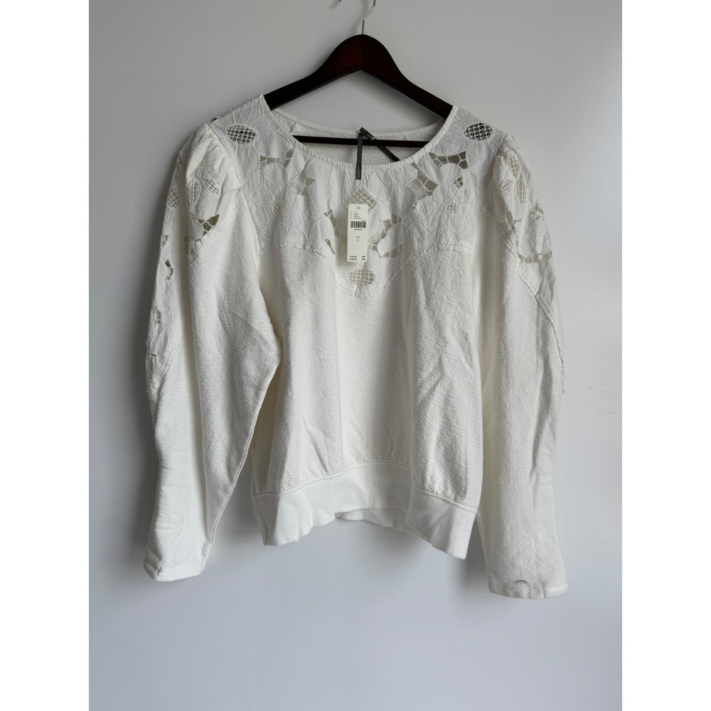 Anthropologie Ivory Embroidered Eyelet Sweatshirt Floral Cutout Cotton Top L